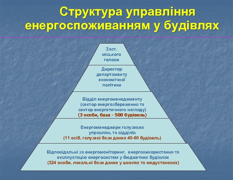 Структура управління енергоспоживанням у будівлях Заст. міського голови Директор департаменту економічної політики Відділ енергоменеджменту