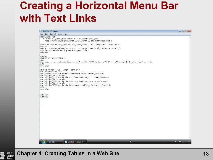 Creating a Horizontal Menu Bar with Text Links Chapter 4: Creating Tables in a