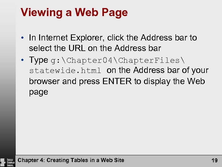 Viewing a Web Page • In Internet Explorer, click the Address bar to select