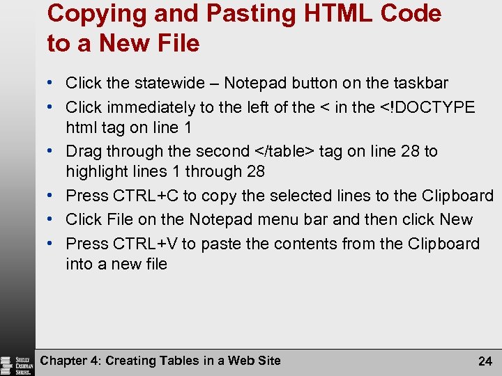 Copying and Pasting HTML Code to a New File • Click the statewide –