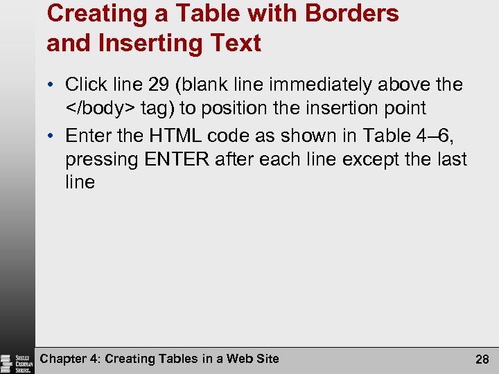 Creating a Table with Borders and Inserting Text • Click line 29 (blank line