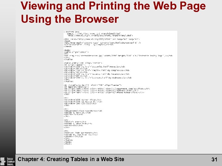 Viewing and Printing the Web Page Using the Browser Chapter 4: Creating Tables in