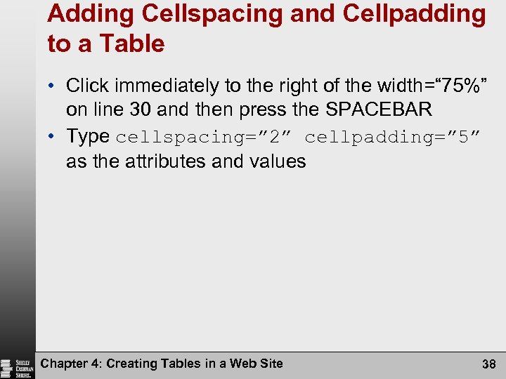 Adding Cellspacing and Cellpadding to a Table • Click immediately to the right of