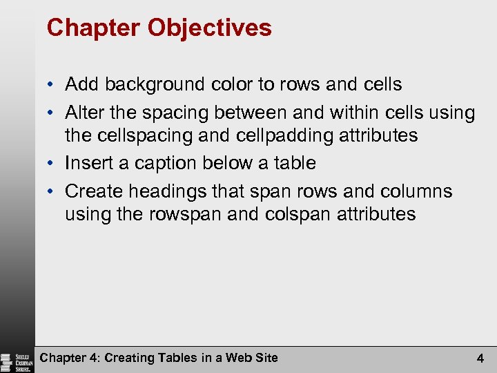 Chapter Objectives • Add background color to rows and cells • Alter the spacing