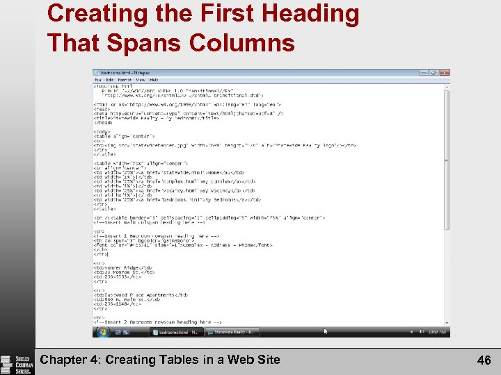 Creating the First Heading That Spans Columns Chapter 4: Creating Tables in a Web