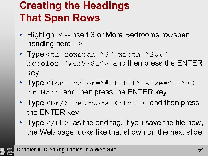 Creating the Headings That Span Rows • Highlight <!--Insert 3 or More Bedrooms rowspan