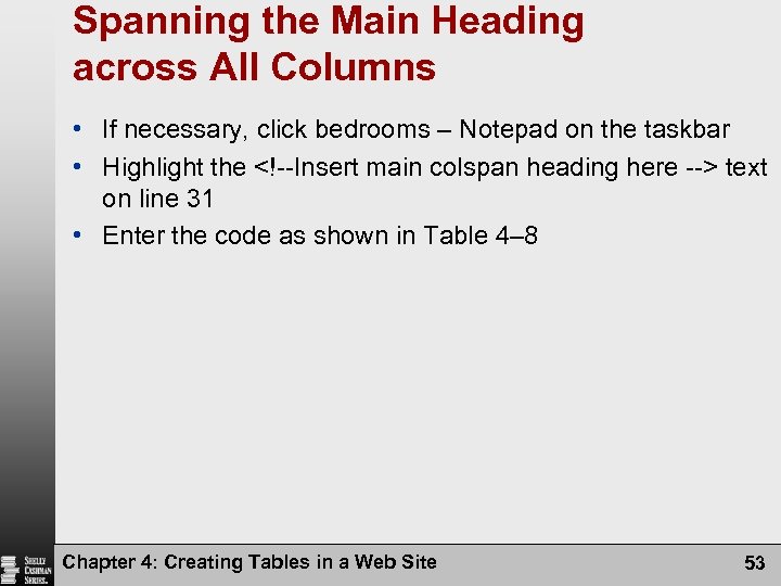 Spanning the Main Heading across All Columns • If necessary, click bedrooms – Notepad
