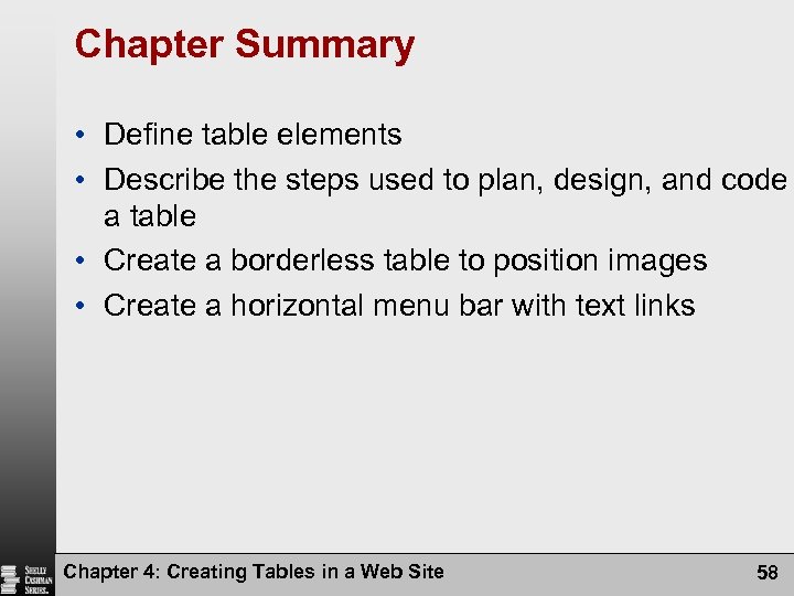 Chapter Summary • Define table elements • Describe the steps used to plan, design,