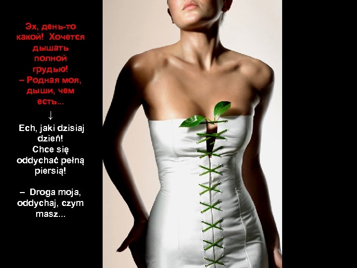 Эх, день-то какой! Хочется дышать полной грудью! – Родная моя, дыши, чем есть. .