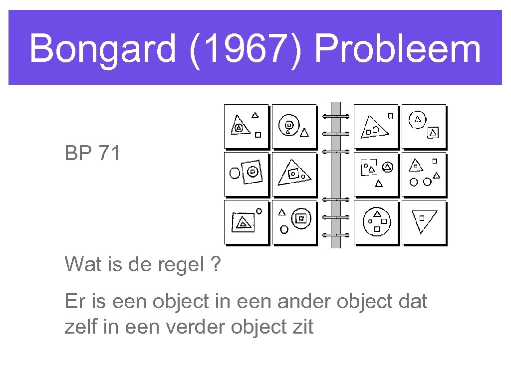 Bongard (1967) Probleem BP 71 Wat is de regel ? Er is een object