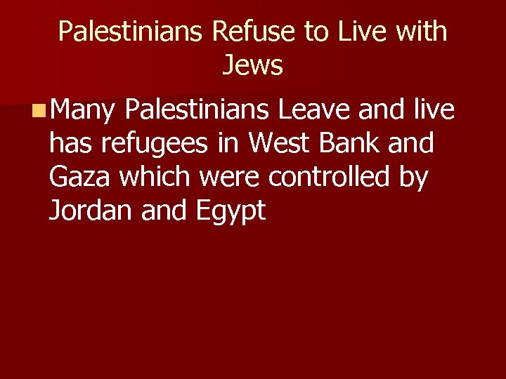 Palestinians Refuse to Live with Jews n Many Palestinians Leave and live has refugees