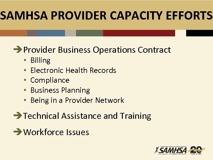 SAMHSA PROVIDER CAPACITY EFFORTS èProvider Business Operations Contract • • • Billing Electronic Health