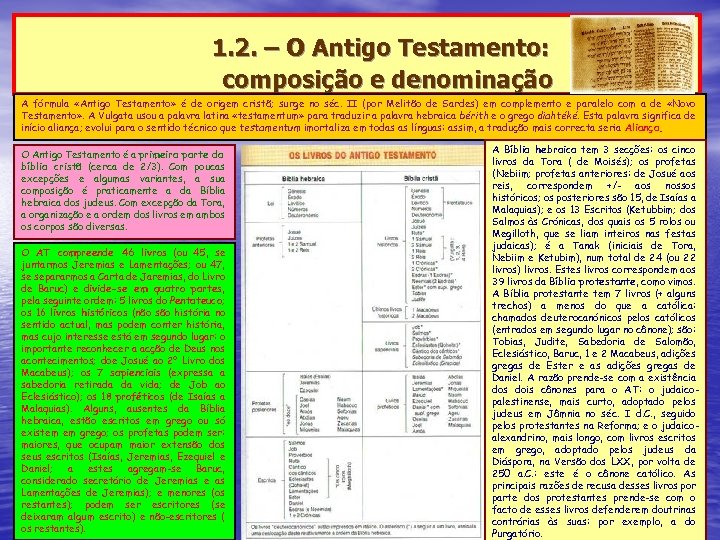 1. 2. – O Antigo Testamento: composição e denominação A fórmula «Antigo Testamento» é