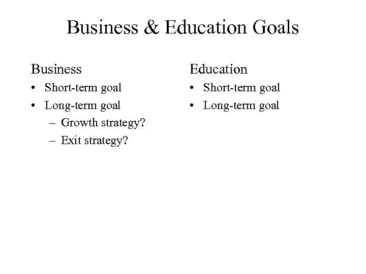 Business & Education Goals Business Education • Short-term goal • Long-term goal – Growth