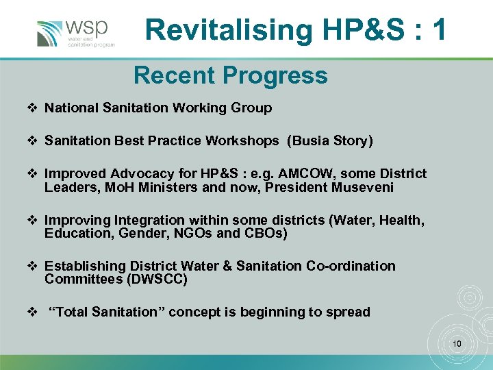 Revitalising HP&S : 1 Recent Progress v National Sanitation Working Group v Sanitation Best