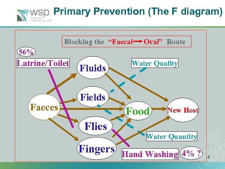 Primary Prevention (The F diagram) Blocking the “Faecal Oral” Route 56% Latrine/Toilet Faeces Fluids