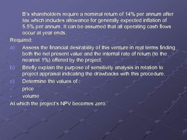 B’s shareholders require a nominal return of 14% per annum after tax which includes