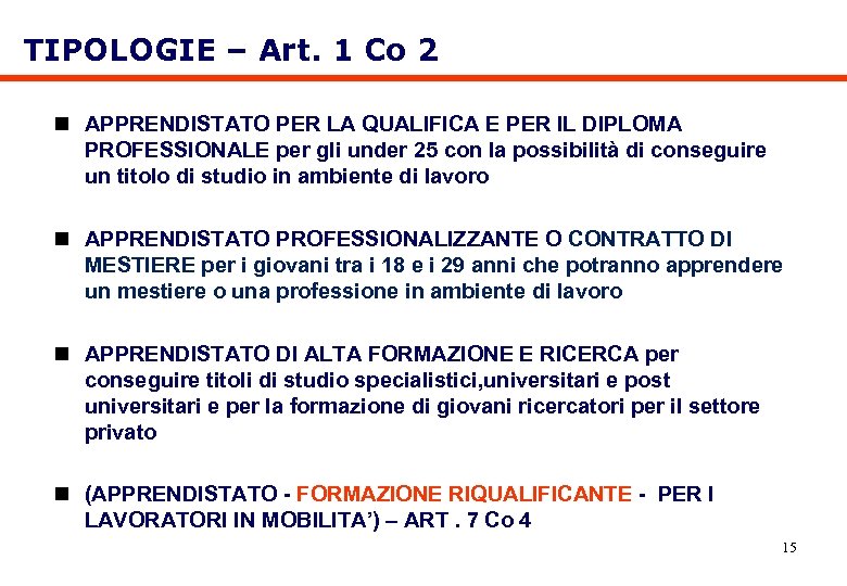 TIPOLOGIE – Art. 1 Co 2 n APPRENDISTATO PER LA QUALIFICA E PER IL
