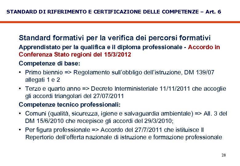STANDARD DI RIFERIMENTO E CERTIFICAZIONE DELLE COMPETENZE – Art. 6 Standard formativi per la