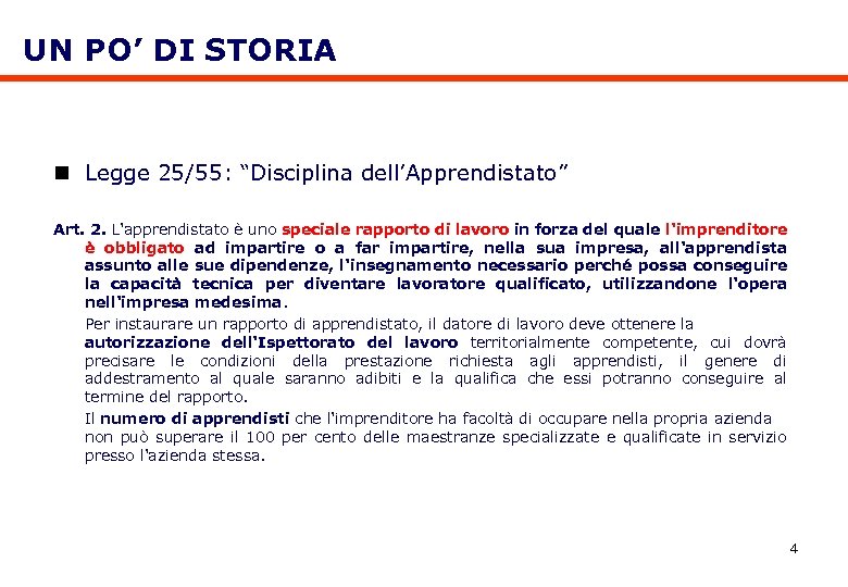UN PO’ DI STORIA n Legge 25/55: “Disciplina dell’Apprendistato” Art. 2. L'apprendistato è uno