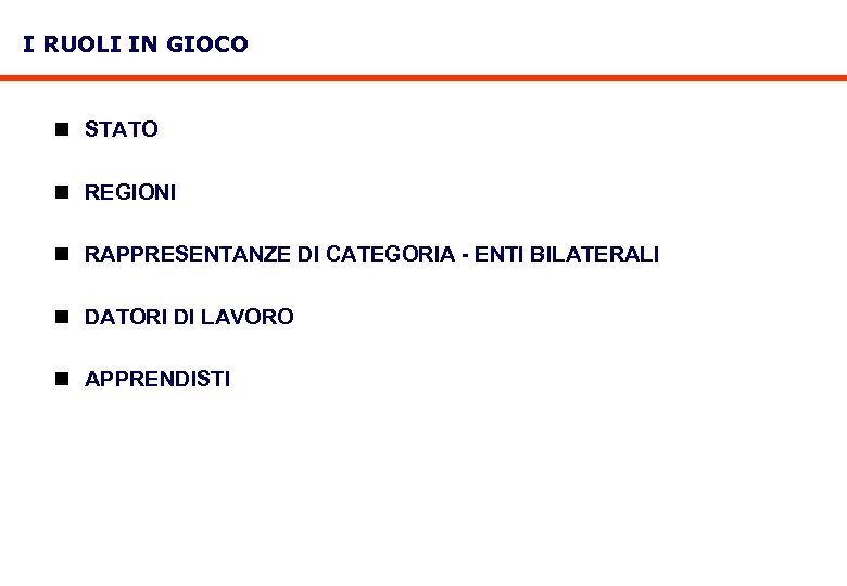 I RUOLI IN GIOCO n STATO n REGIONI n RAPPRESENTANZE DI CATEGORIA - ENTI