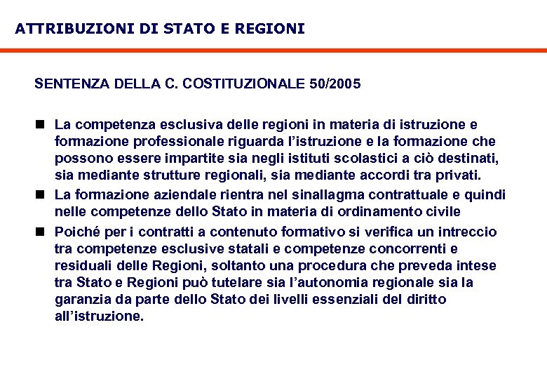 ATTRIBUZIONI DI STATO E REGIONI SENTENZA DELLA C. COSTITUZIONALE 50/2005 n La competenza esclusiva