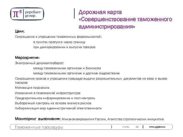 Цели: Дорожная карта «Совершенствование таможенного администрирования» Сокращение и упрощение таможенных формальностей: в пунктах пропуска