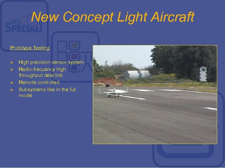 New Concept Light Aircraft Prototype Testing v v High precision sensor system Radio-frecuency high