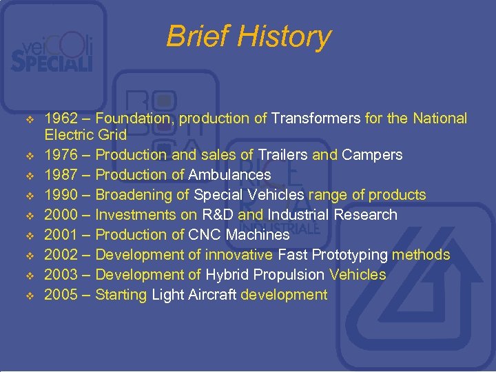 Brief History v v v v v 1962 – Foundation, production of Transformers for