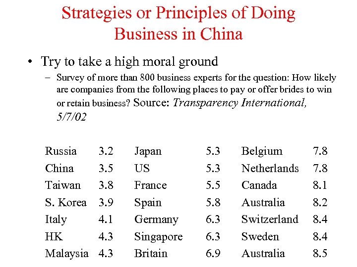 Strategies or Principles of Doing Business in China • Try to take a high