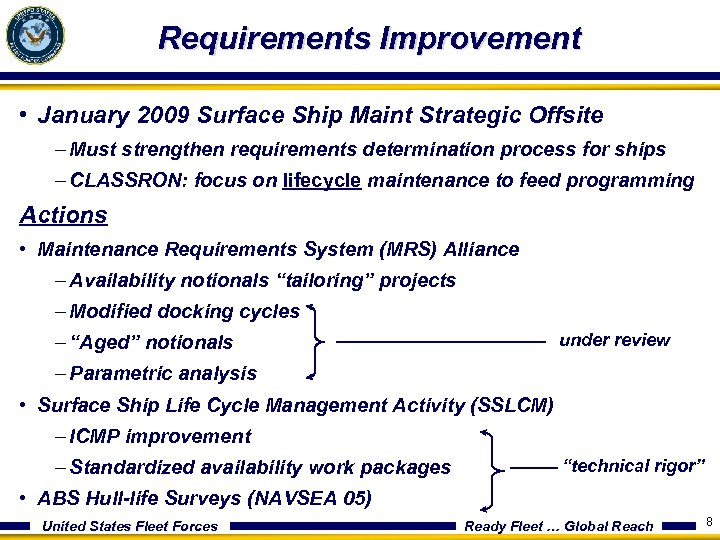 Requirements Improvement • January 2009 Surface Ship Maint Strategic Offsite – Must strengthen requirements