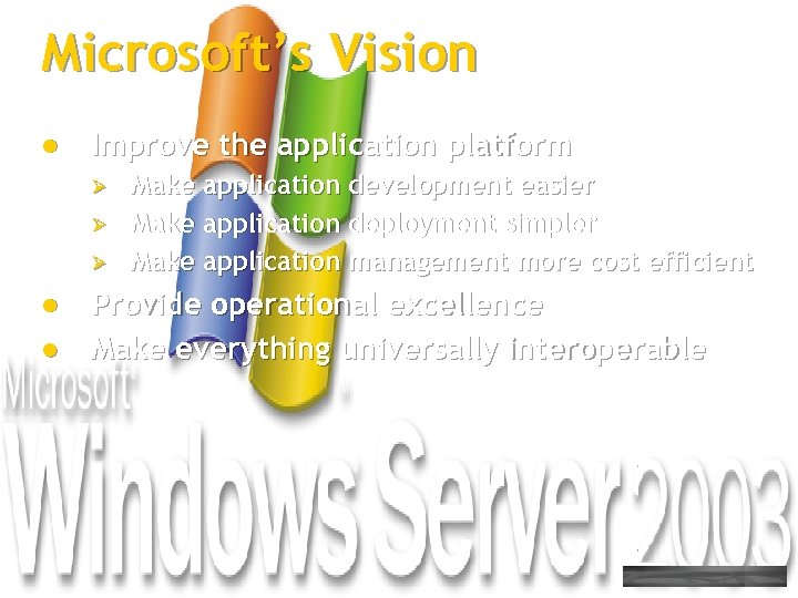 Microsoft’s Vision l Improve the application platform Ø Ø Ø l l Make application