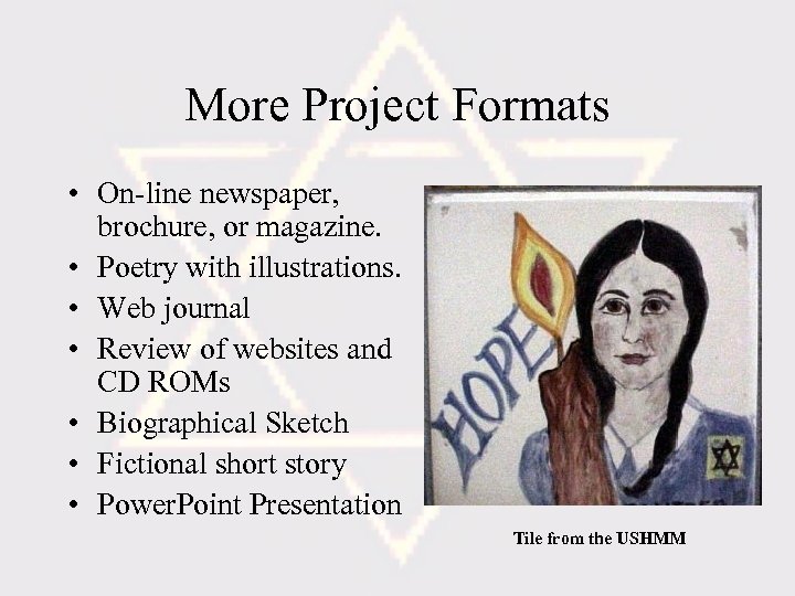 More Project Formats • On-line newspaper, brochure, or magazine. • Poetry with illustrations. •