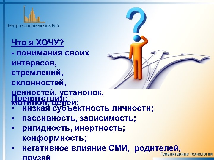 Что я ХОЧУ? - понимания своих интересов, стремлений, склонностей, ценностей, установок, Препятствия: мотивов, целей;