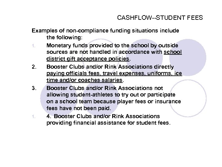 CASHFLOW--STUDENT FEES Examples of non-compliance funding situations include the following: 1. Monetary funds provided