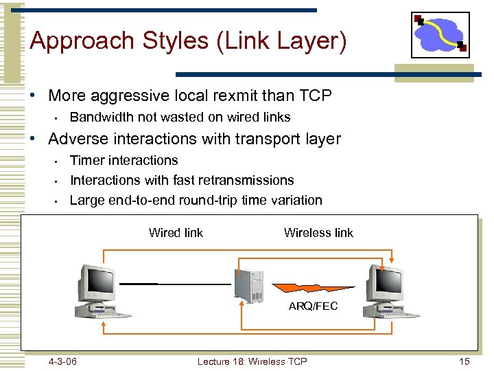 Approach Styles (Link Layer) • More aggressive local rexmit than TCP • Bandwidth not