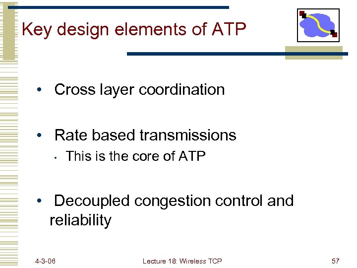 Key design elements of ATP • Cross layer coordination • Rate based transmissions •