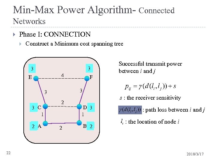 Min-Max Power Algorithm- Connected Networks Phase I: CONNECTION Construct a Minimum cost spanning tree