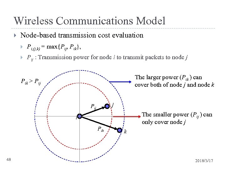 Wireless Communications Model Node-based transmission cost evaluation Pi, (j, k) = max{Pij, Pik}, Pij