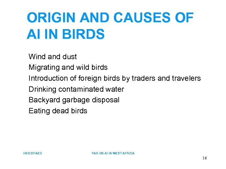 ORIGIN AND CAUSES OF AI IN BIRDS Wind and dust Migrating and wild birds