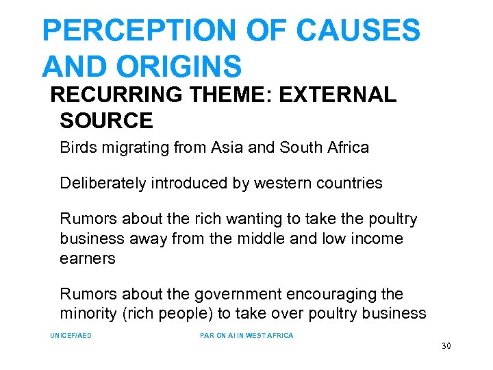 PERCEPTION OF CAUSES AND ORIGINS RECURRING THEME: EXTERNAL SOURCE Birds migrating from Asia and
