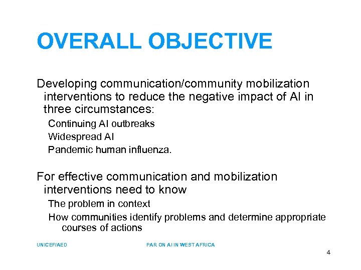 OVERALL OBJECTIVE Developing communication/community mobilization interventions to reduce the negative impact of AI in