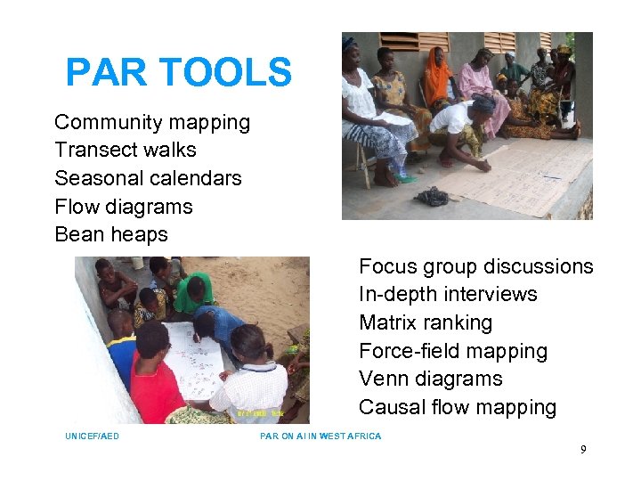 PAR TOOLS Community mapping Transect walks Seasonal calendars Flow diagrams Bean heaps Focus group