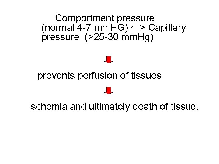 Compartment pressure (normal 4 -7 mm. HG) ↑ > Capillary pressure (>25 -30 mm.