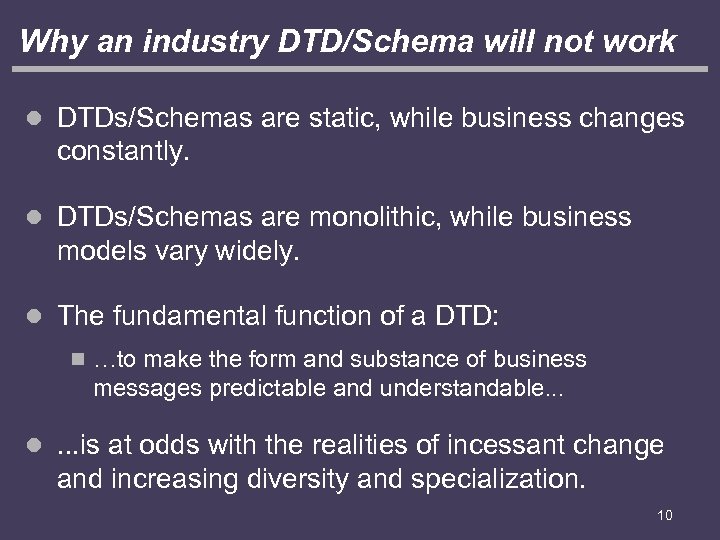 Why an industry DTD/Schema will not work l DTDs/Schemas are static, while business changes