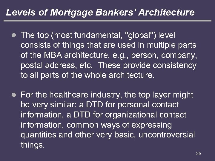 Levels of Mortgage Bankers' Architecture l The top (most fundamental, "global") level consists of