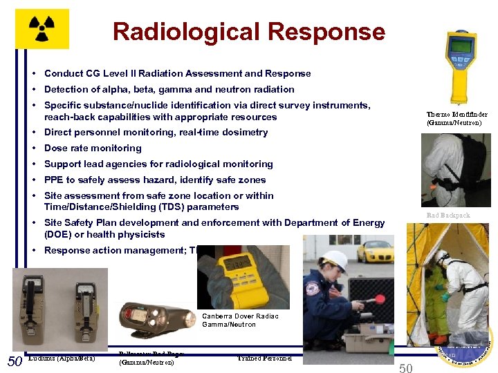 Radiological Response • Conduct CG Level II Radiation Assessment and Response • Detection of