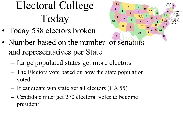 Electoral College Today • Today 538 electors broken • Number based on the number