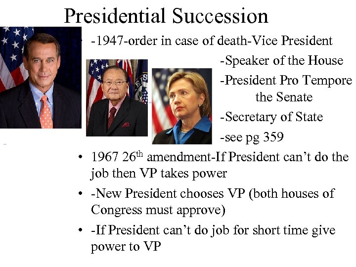 Presidential Succession • -1947 -order in case of death-Vice President -Speaker of the House