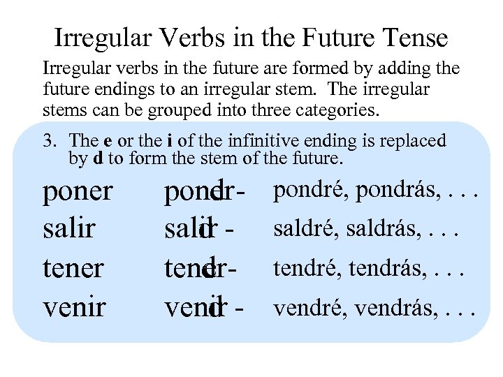 Irregular Verbs in the Future Tense Irregular verbs in the future are formed by